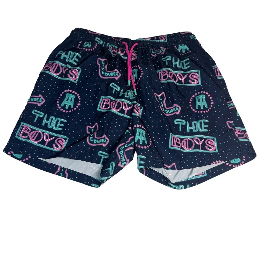 Barstool Sports The Boys Neon Sign Swim Trunks Navy Pink XL 5 Inseam 2265